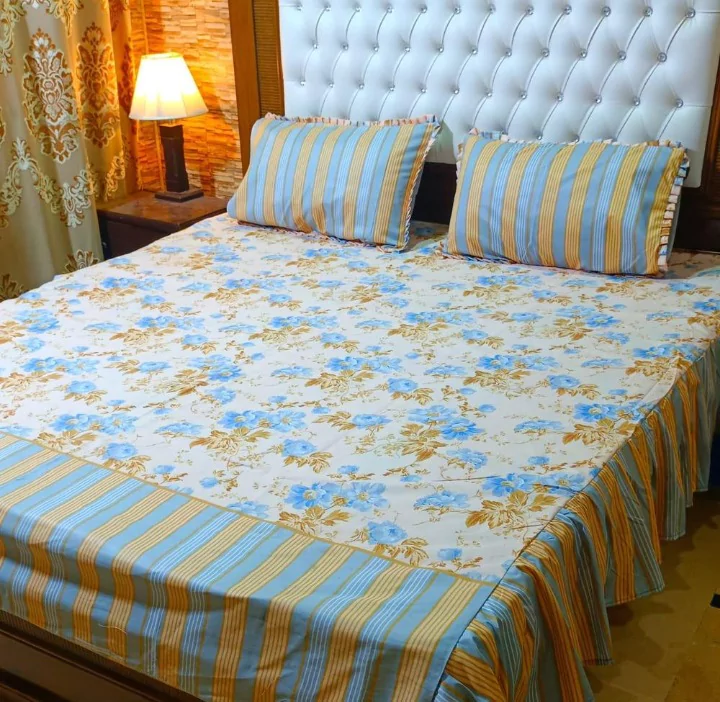 3 Pcs Cotton Salonica Frill Double Bedsheet