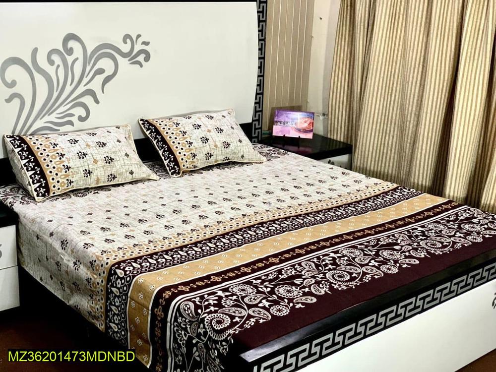 3 Pcs Crystal Cotton Printed Double Bedsheet