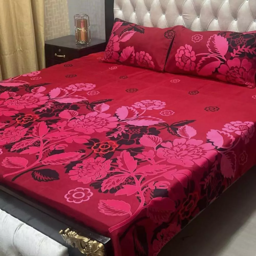 3 Pcs Crystal Cotton Printed Double Bedsheet