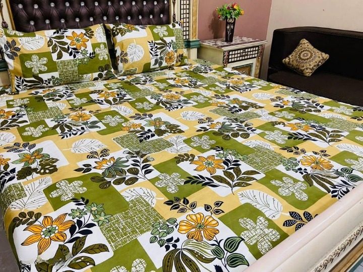 3 Pcs Crystal Cotton Printed Double Bedsheet
