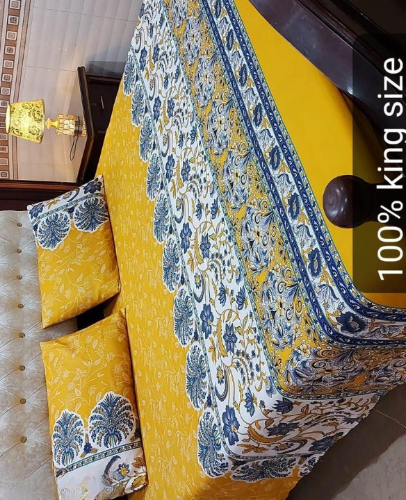 3 Pcs Crystal Cotton Printed Double Bedsheet
