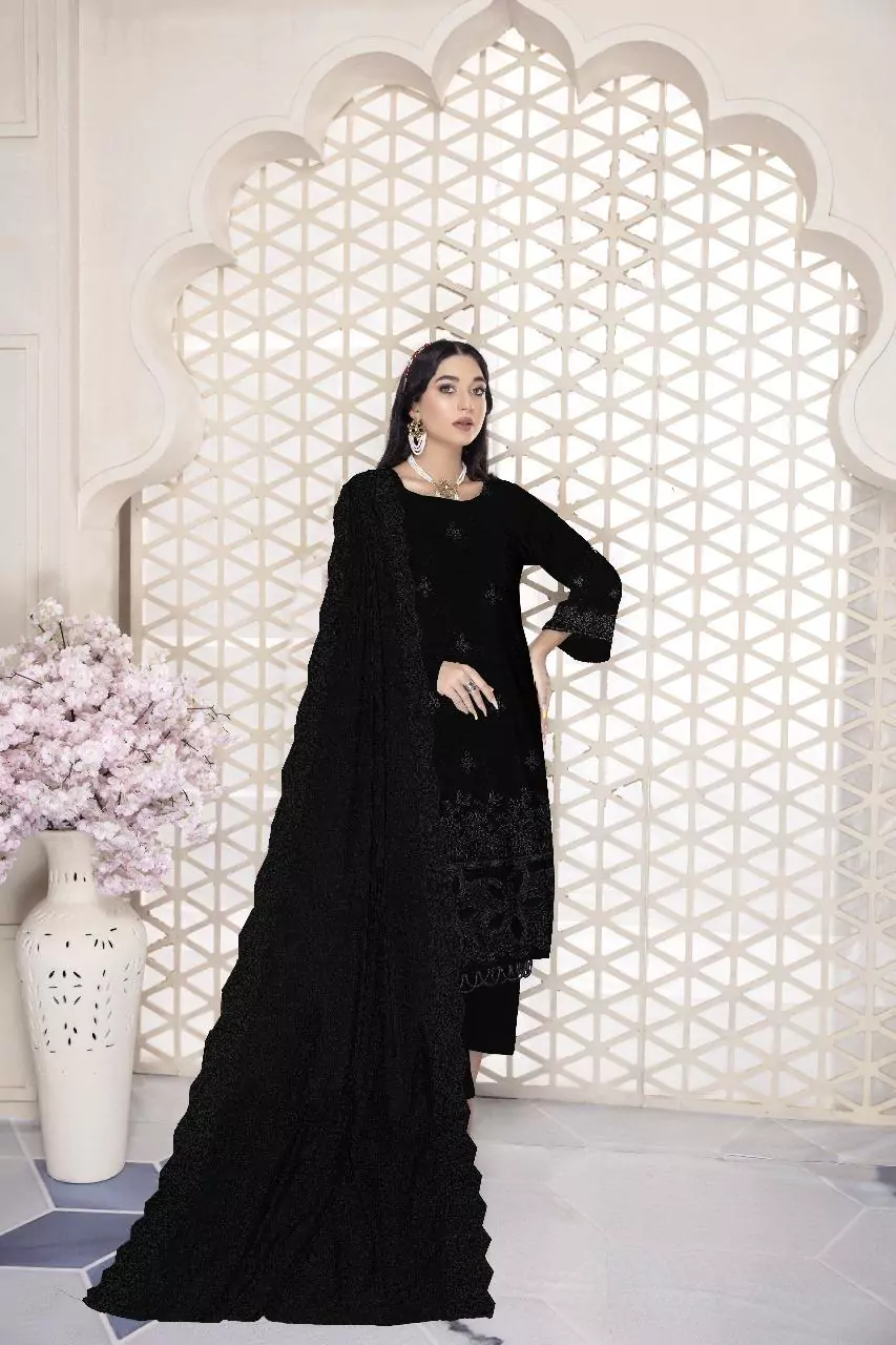 3 Pcs Elegant Black Dhanak Suit With Chikankari Embroidery JP14