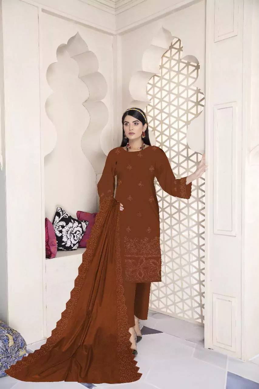 3 Pcs Elegant Brown Dhanak Suit With Chikankari Embroidery JP13