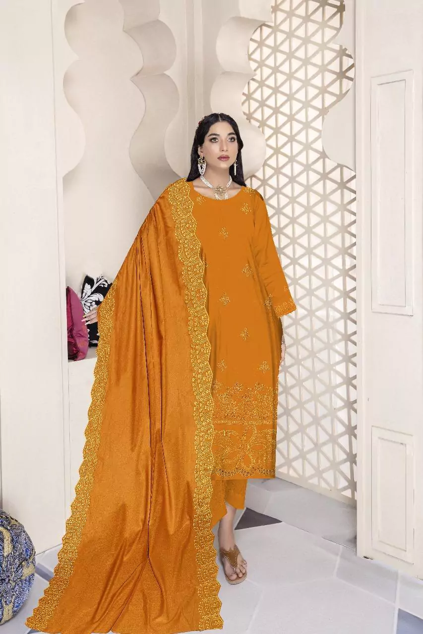 3 Pcs Elegant Golden Dhanak Suit With Chikankari Embroidery JP15