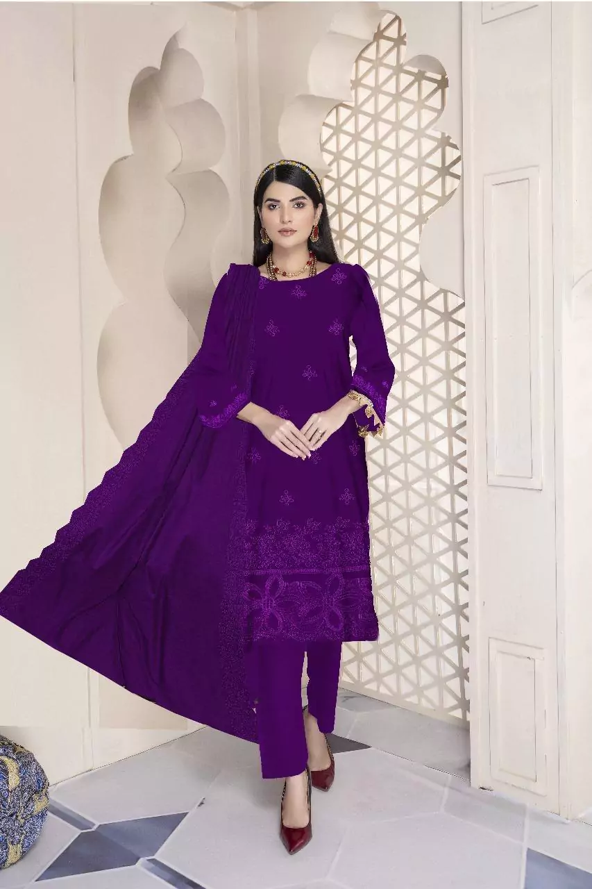 3 Pcs Elegant Purple Dhanak Suit With Chikankari Embroidery JP12