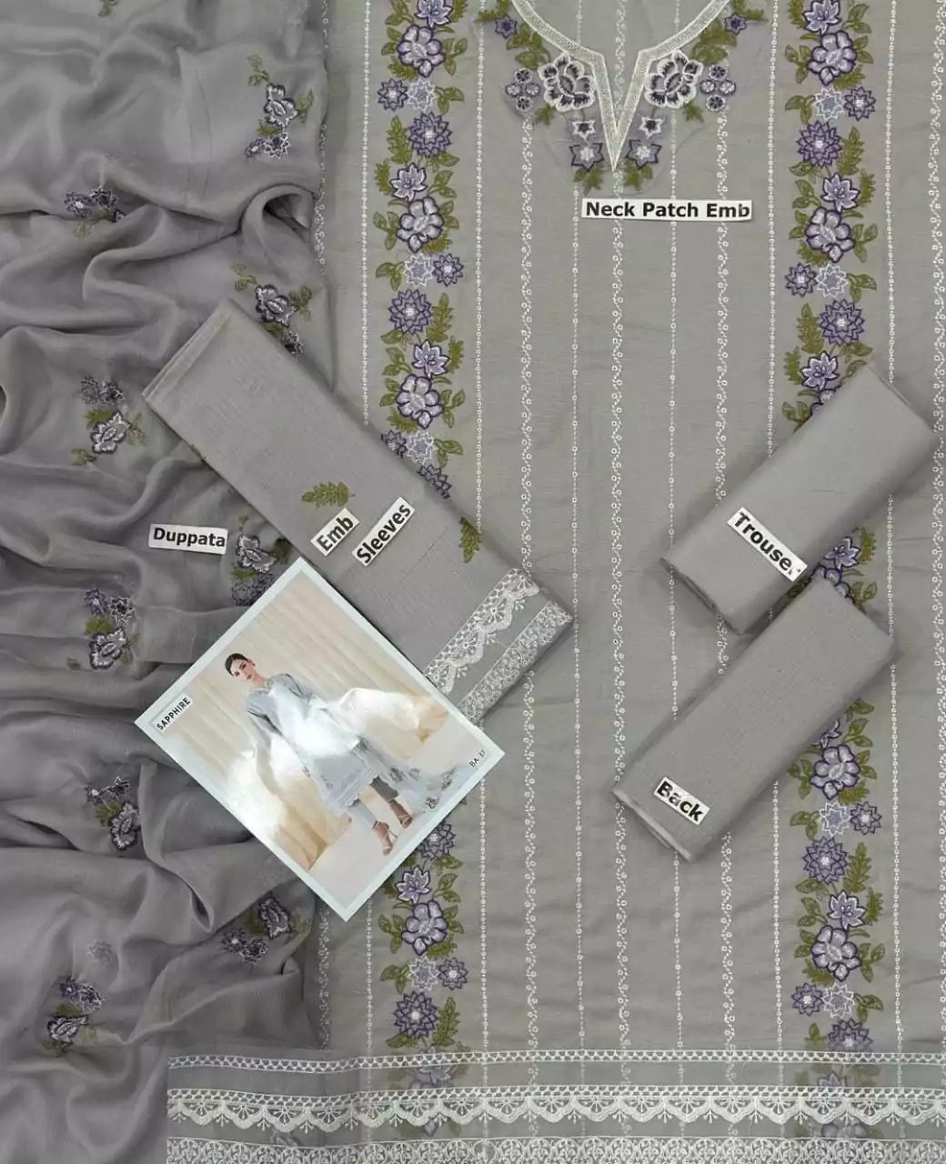 3 Pcs Embroidered Lawn Suit in Grey With Embroidered Dupatta