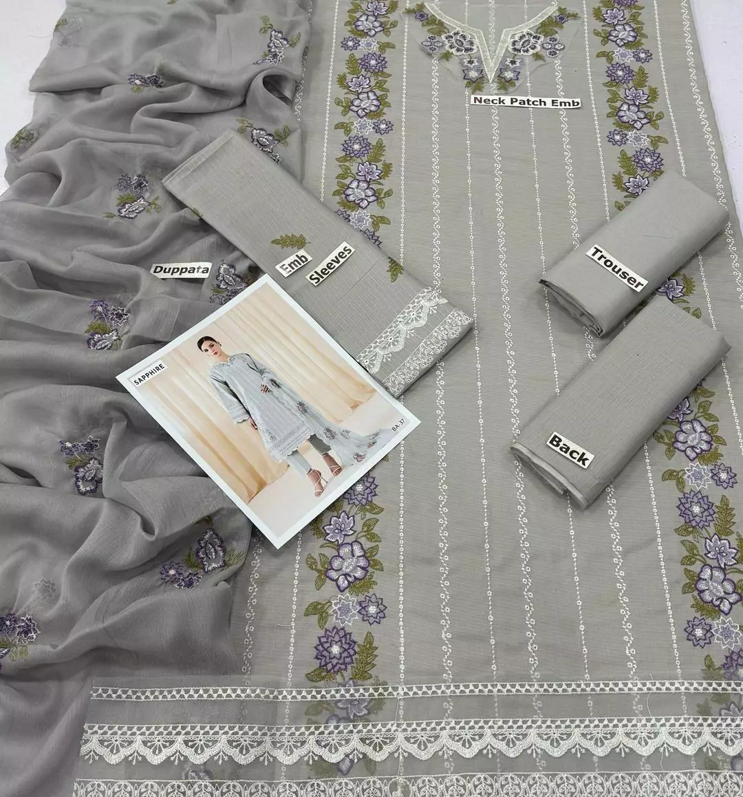 3 Pcs Embroidered Lawn Suit in Grey With Embroidered Dupatta
