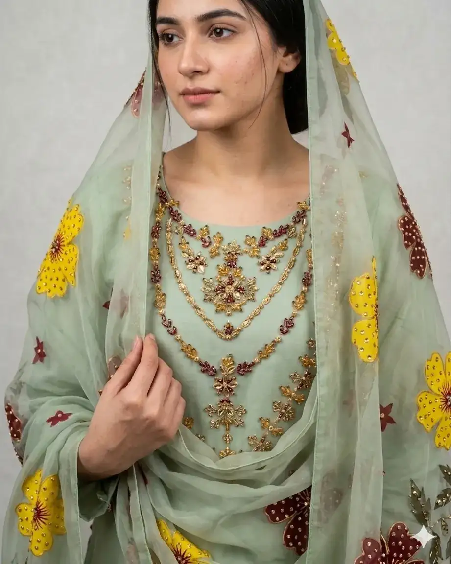 3 Pcs Organza Zari Nagina Embroidered Women