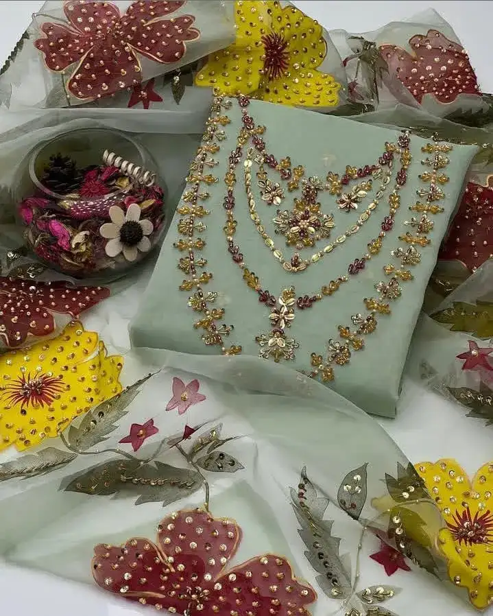 3 Pcs Organza Zari Nagina Embroidered Women