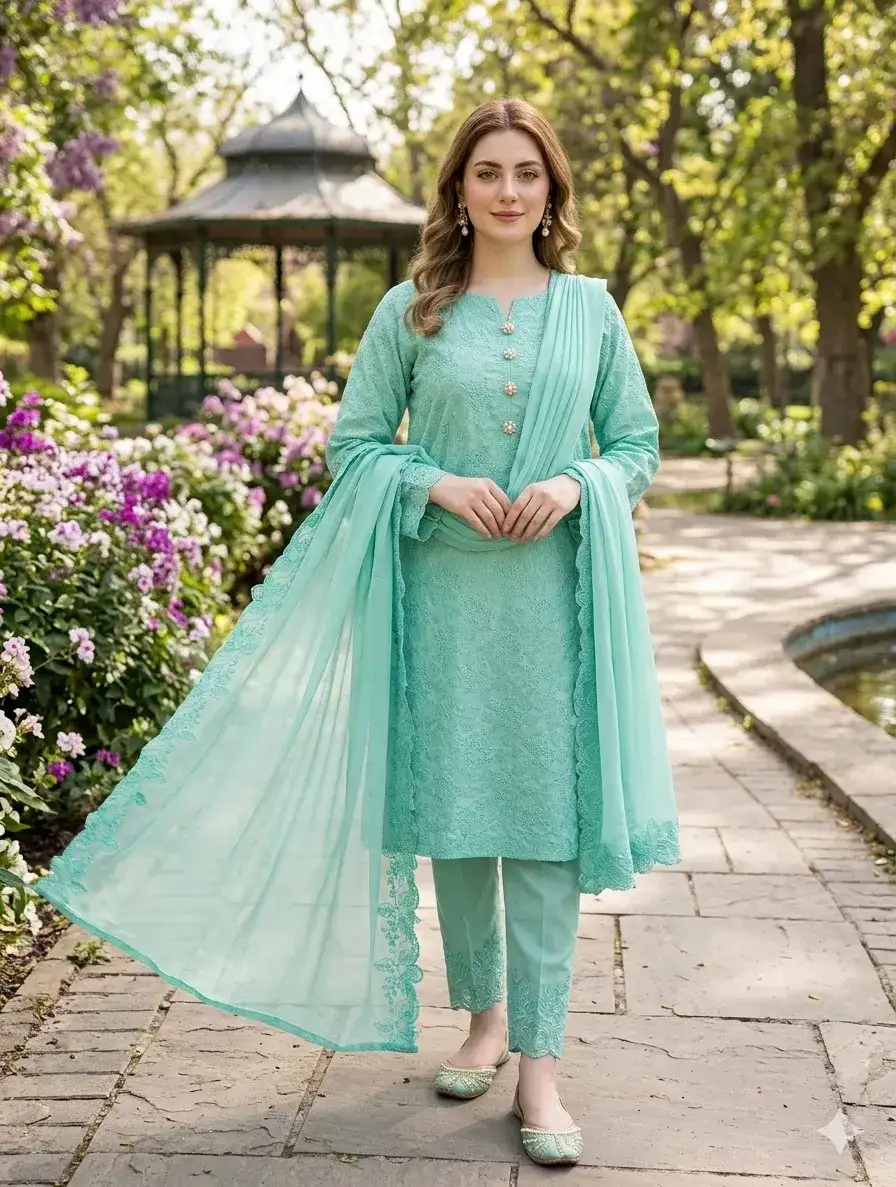 3 Pcs Pakistani Women's Mint Green Embroidered Kurta Set