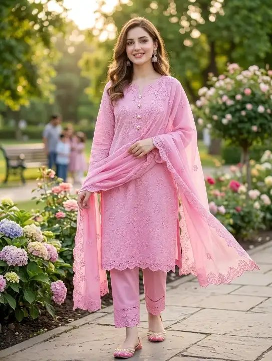 3 Pcs Pink Embroidered Kurta Set for Women