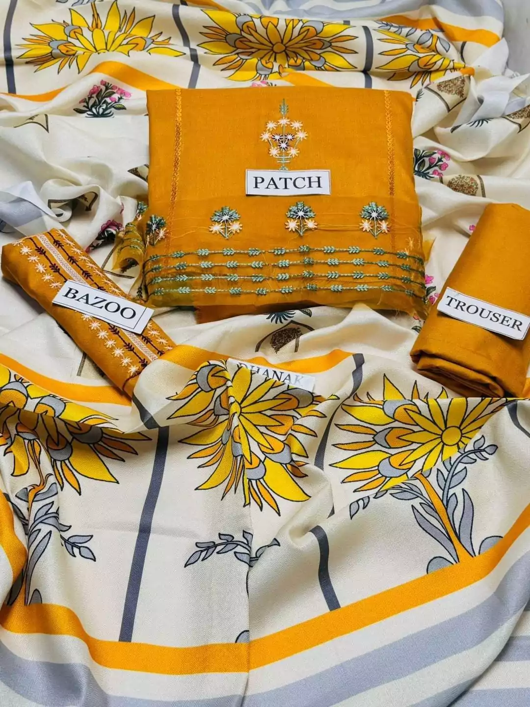 3 Pcs Stunning Mustard Dhanak Embroidered Suit For Women