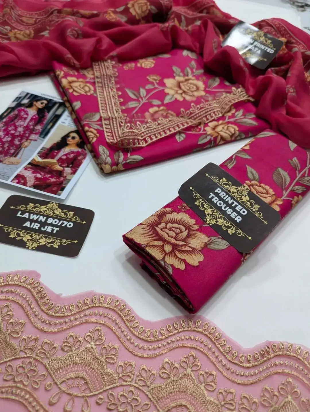 3 Pcs Unstitched Lawn Suit Pink Floral 2026 Summer Collection
