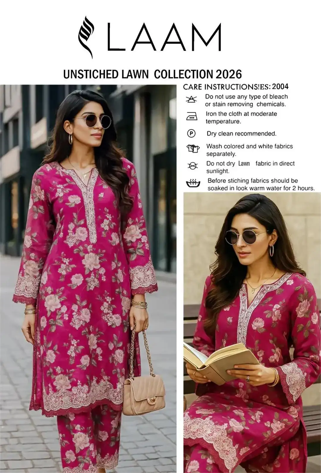 3 Pcs Unstitched Lawn Suit Pink Floral 2026 Summer Collection