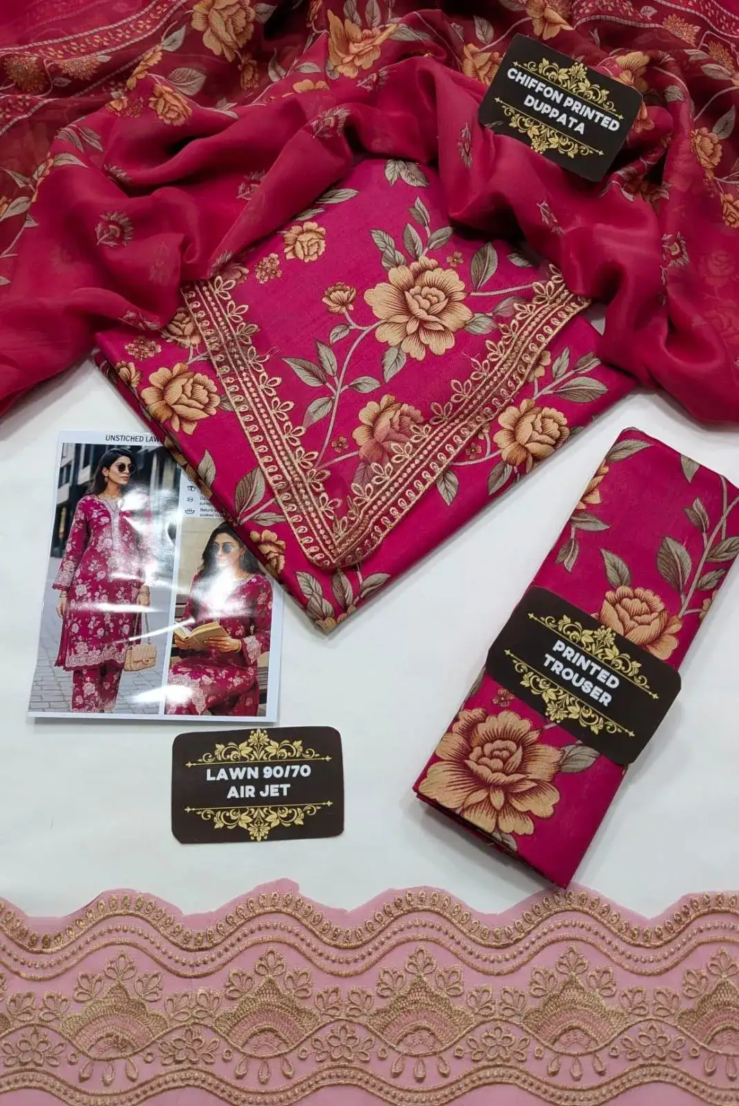 3 Pcs Unstitched Lawn Suit Pink Floral 2026 Summer Collection