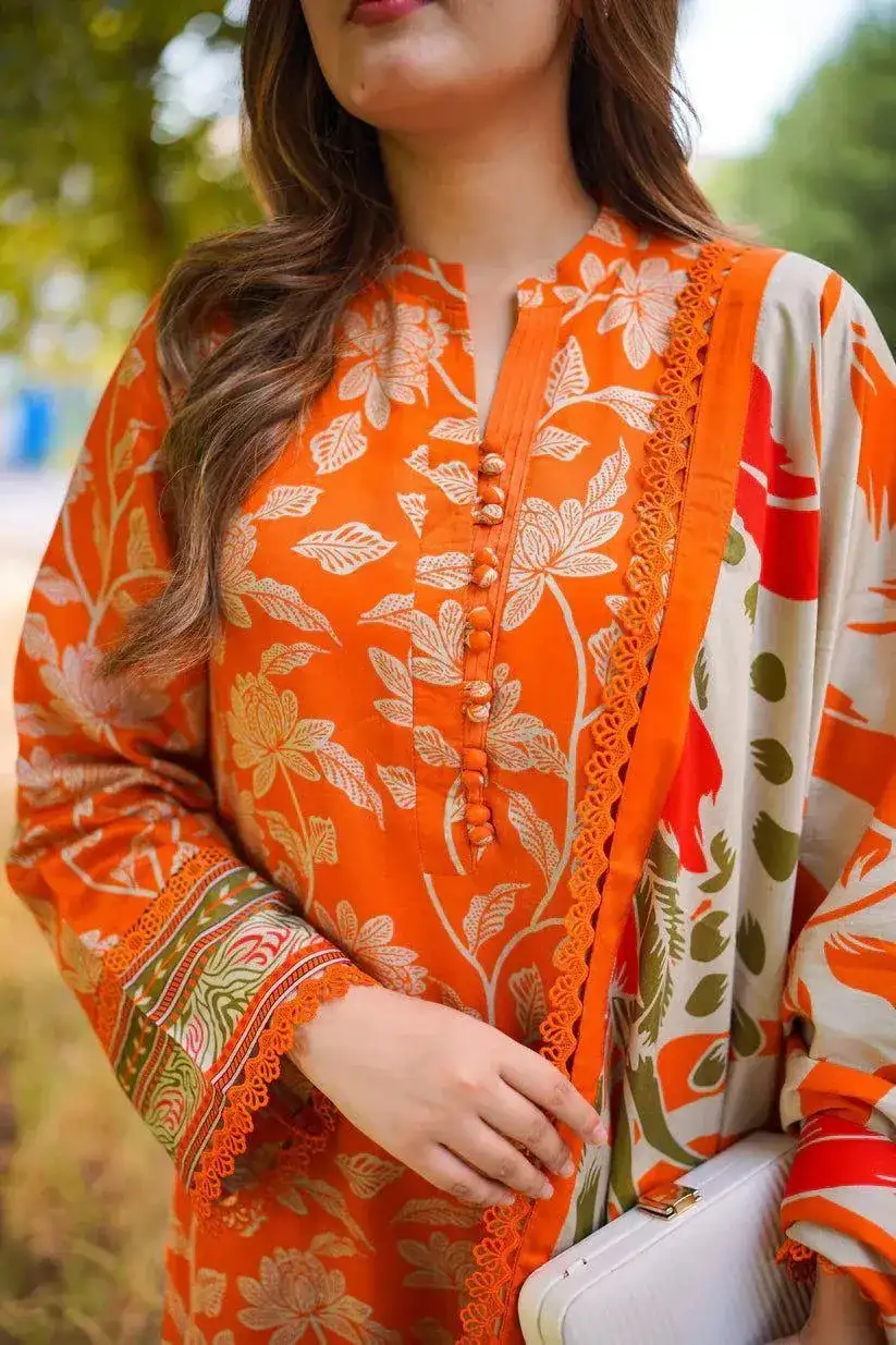 3 Pcs Women Printed Lawn Suit Multicolor Eid Party Wear VW859