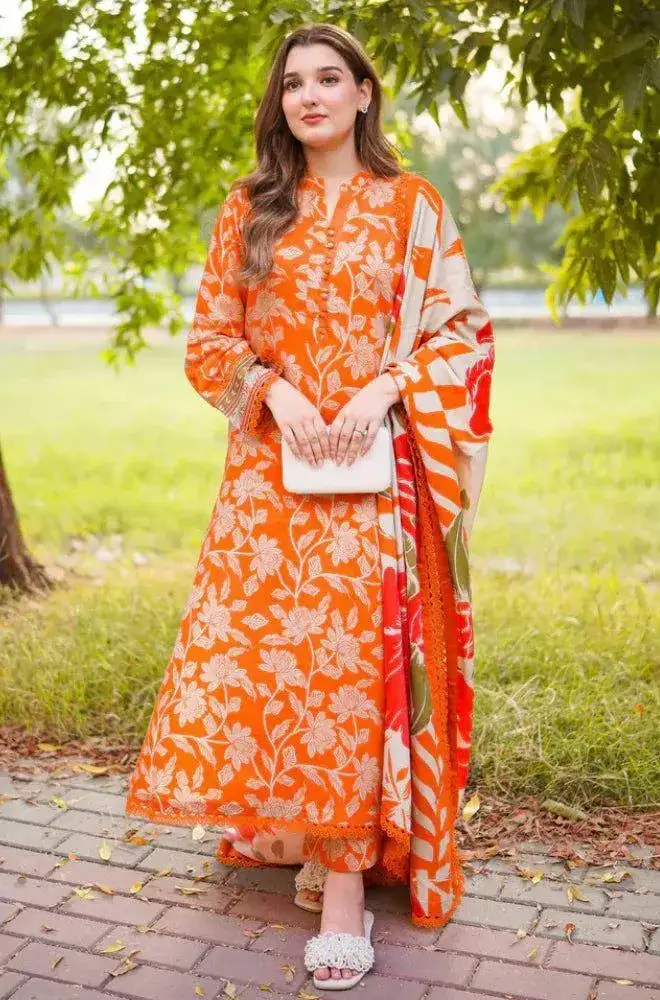 3 Pcs Women Printed Lawn Suit Multicolor Eid Party Wear VW859