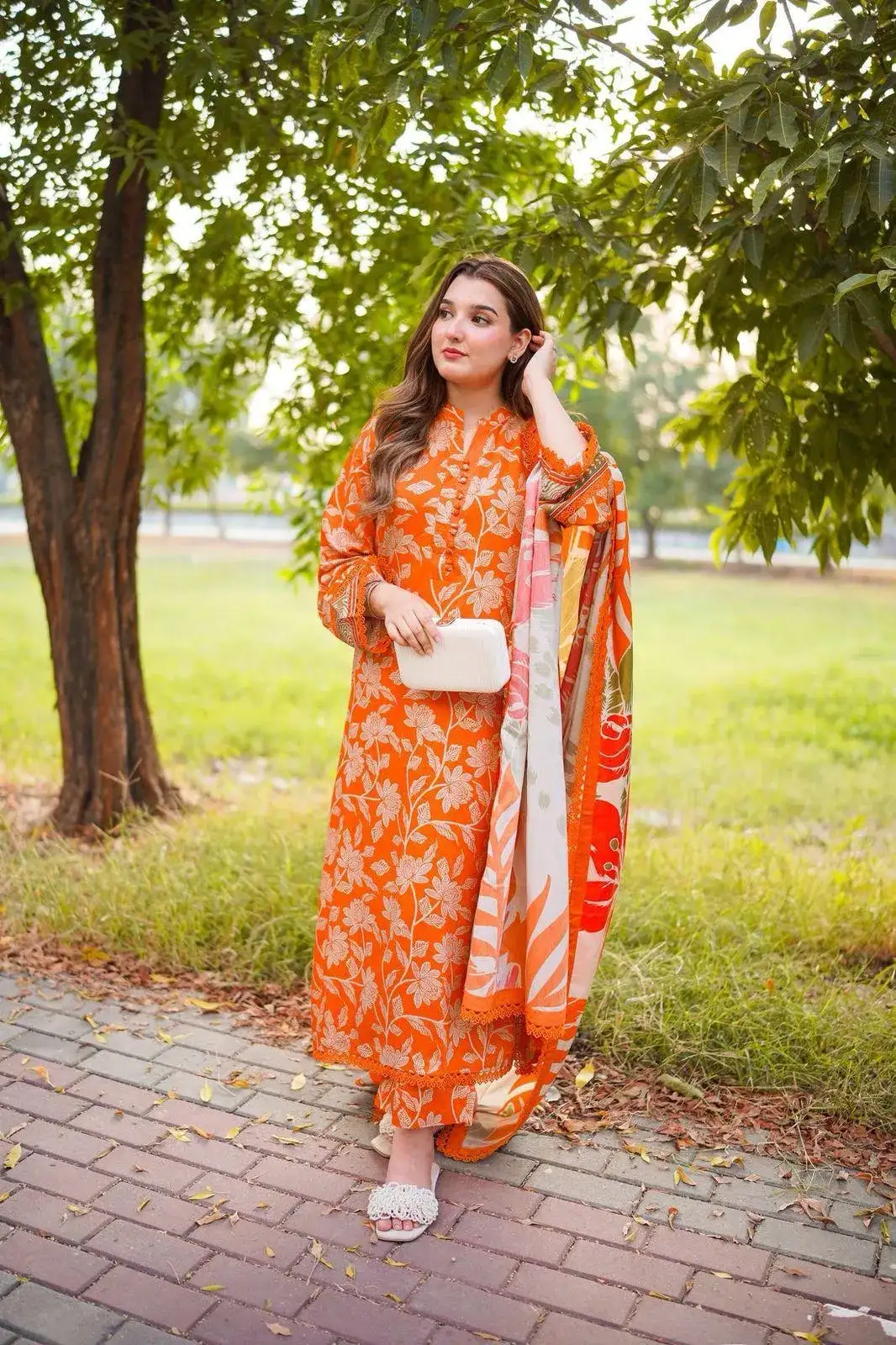 3 Pcs Women Printed Lawn Suit Multicolor Eid Party Wear VW859