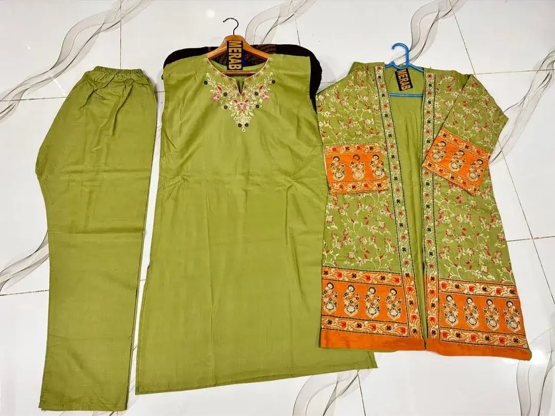 3 Pcs Women Stitched Cotton Embroidered Gown Suit Ivory