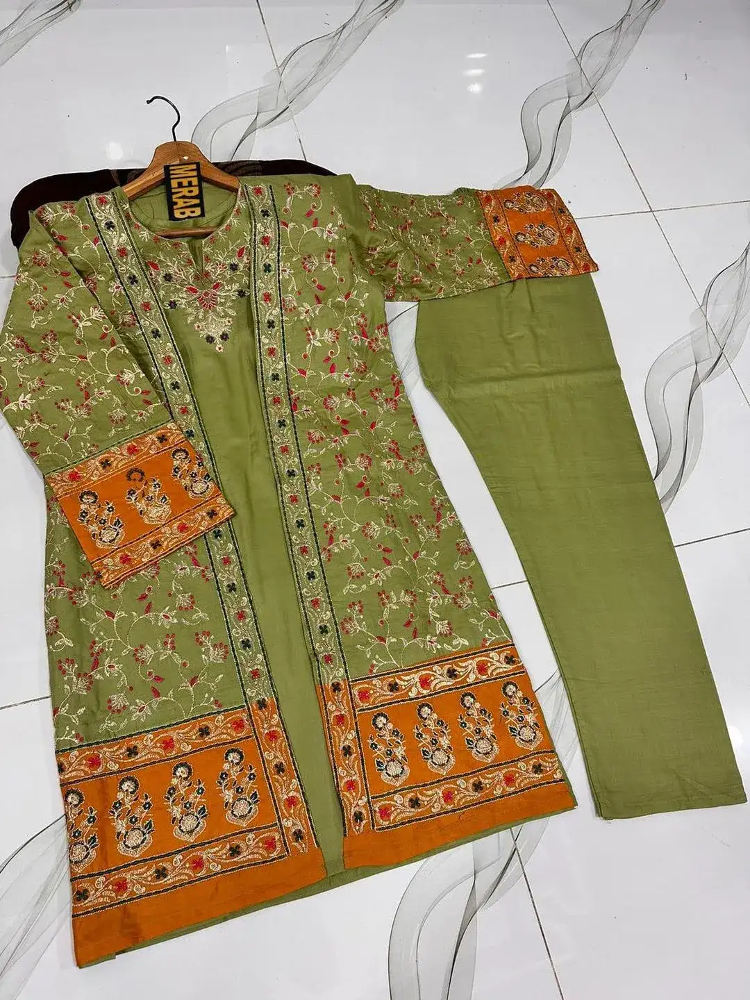 3 Pcs Women Stitched Cotton Embroidered Gown Suit Ivory