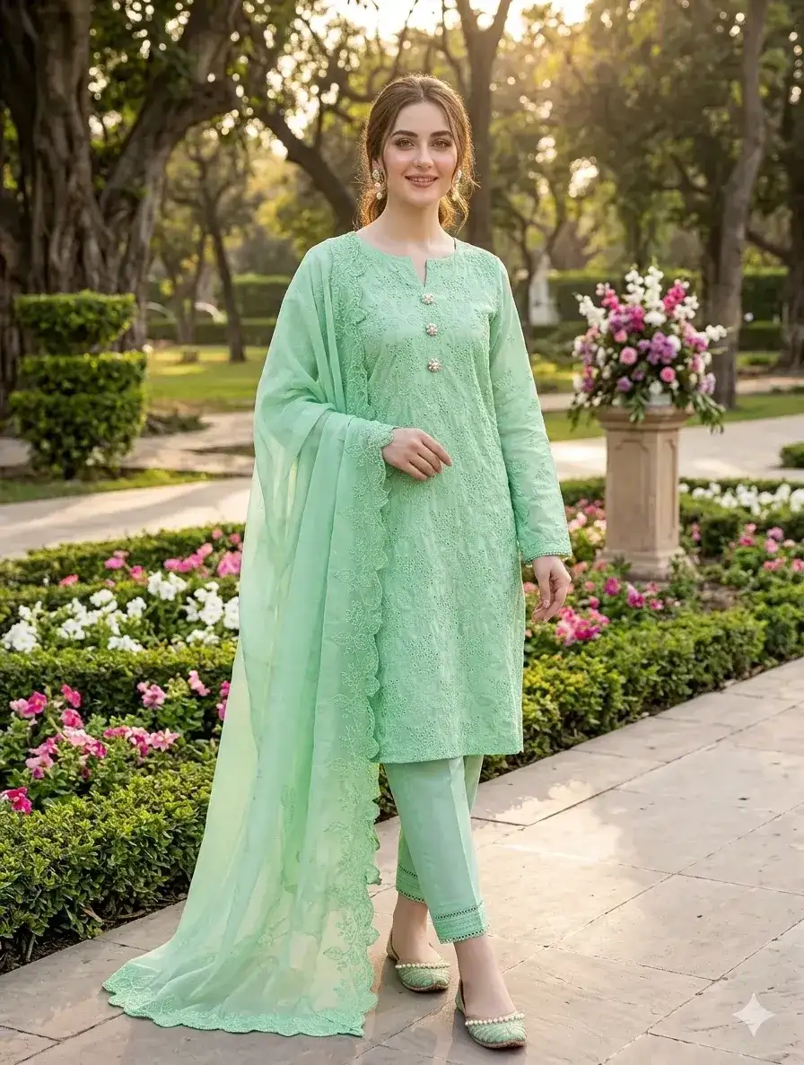 3 Pcs Women's Mint Green Embroidered Kurta Set