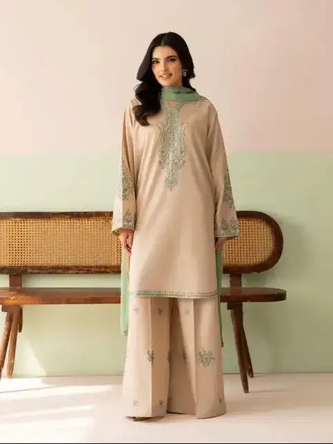 3 Pcs Women's Stitched Cotton Embroidered Suit VX36