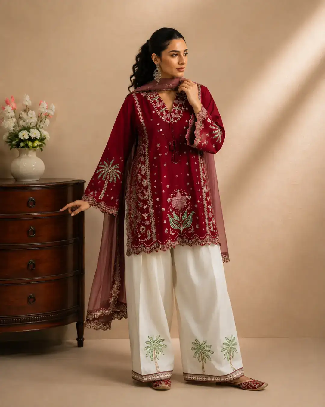 3 Pcs Women's Stitched Cotton Embroidered Suit VX38