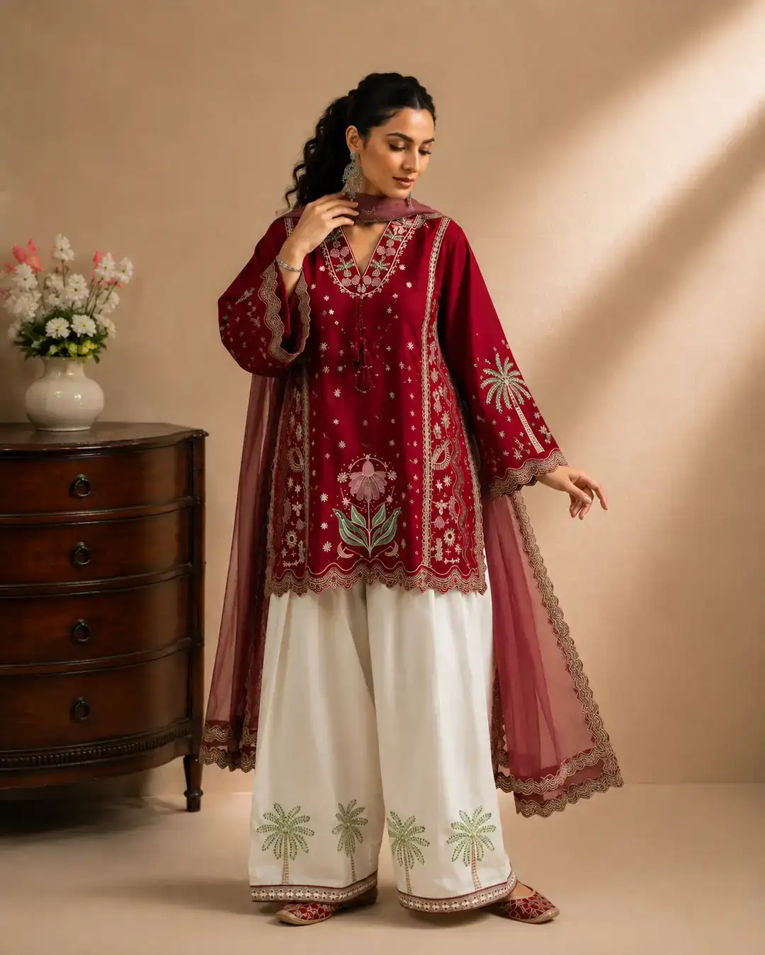 3 Pcs Women's Stitched Cotton Embroidered Suit VX38