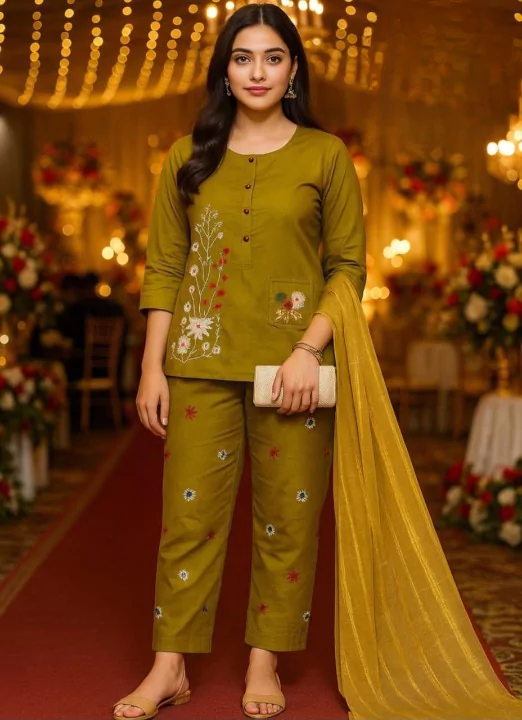 women stitched suits - 3 Pcs Women's Stitched Embroidered Cotton Suit VV315