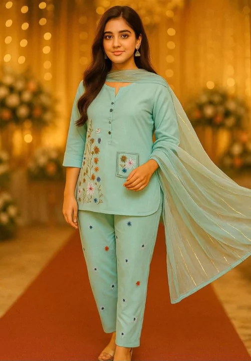 women stitched suits - 3 Pcs Women's Stitched Embroidered Cotton Suit VV318