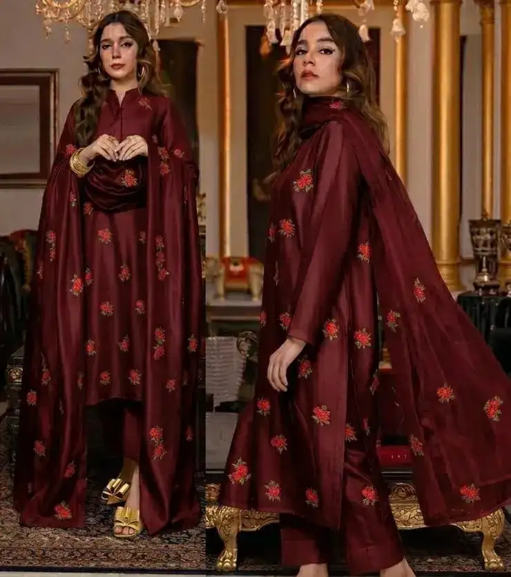 3 Pcs Women's Stitched Shamoz Silk Oraganza Suit VW799