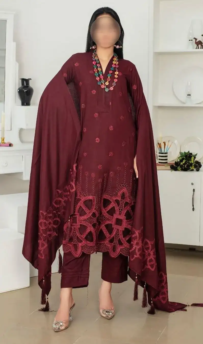 3 Pcs Women's Unstitched Chikankari Dhanak Embroidered Suit VW543