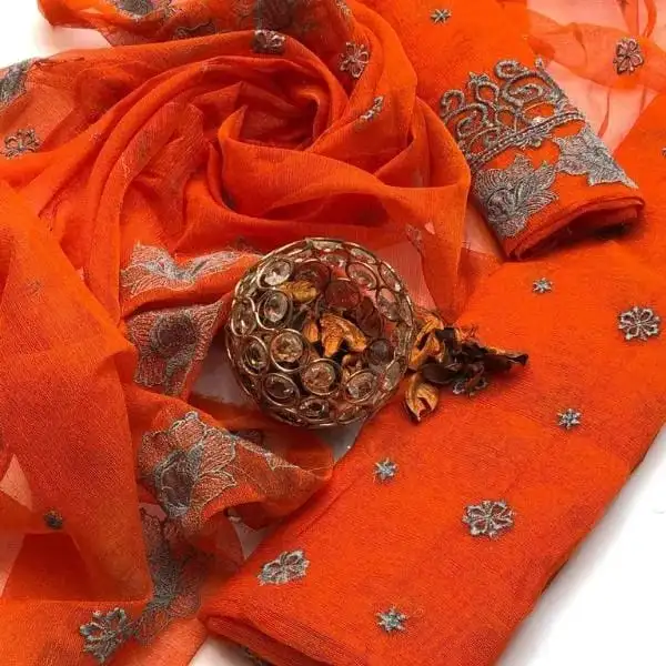 women unstitched suits - 3 Pcs Women's Unstitched Khaadi Net Embroidered Suit VW278