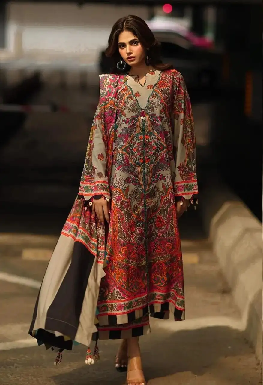 3 Pcs Women's Unstitched Khaddar Printed Suit VW435