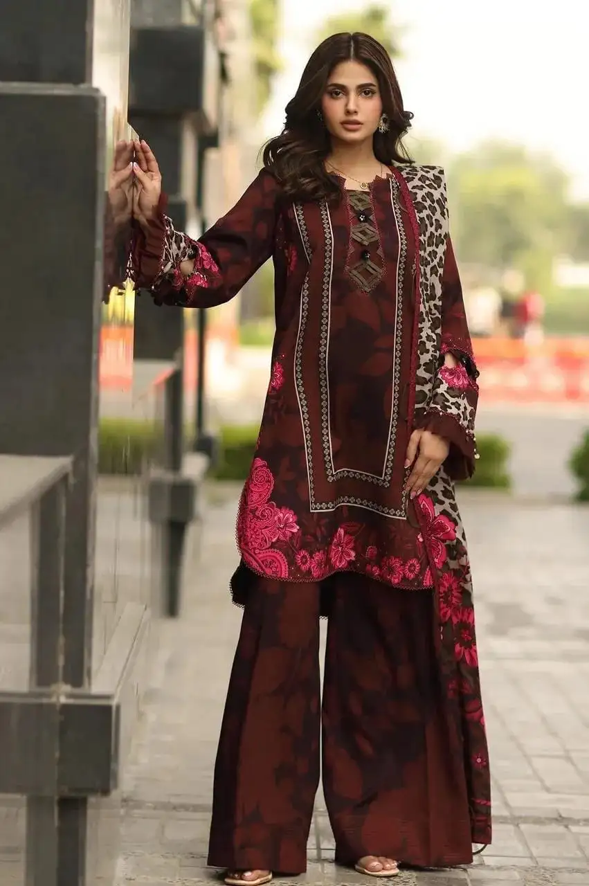 3 Pcs Women's Unstitched Khaddar Printed Suit VW436