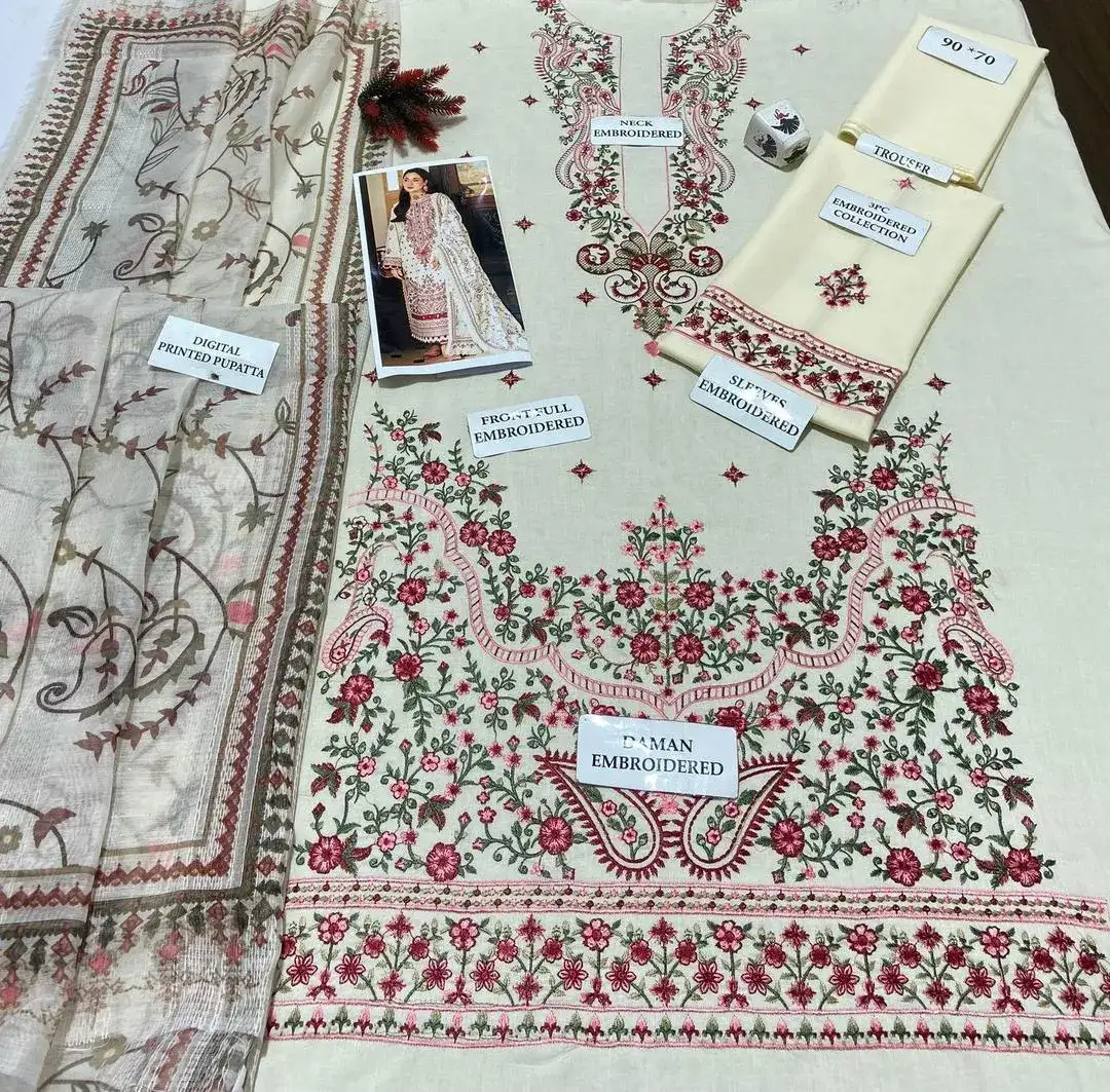 3 Pcs Women's Unstitched Lawn Embroidered Suit VW816
