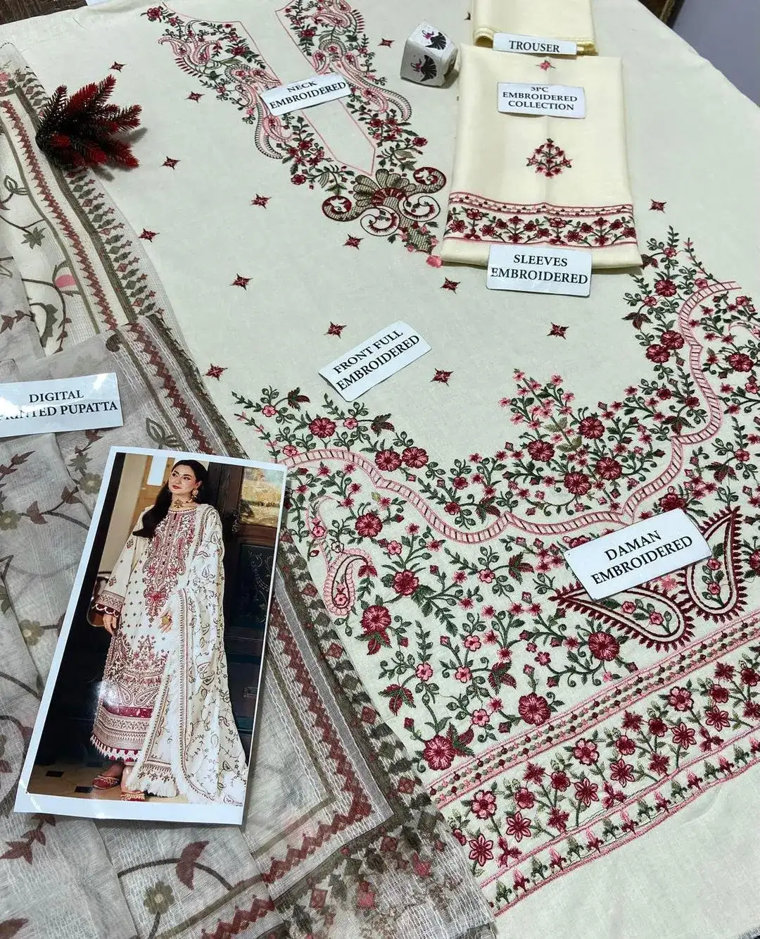 3 Pcs Women's Unstitched Lawn Embroidered Suit VW816