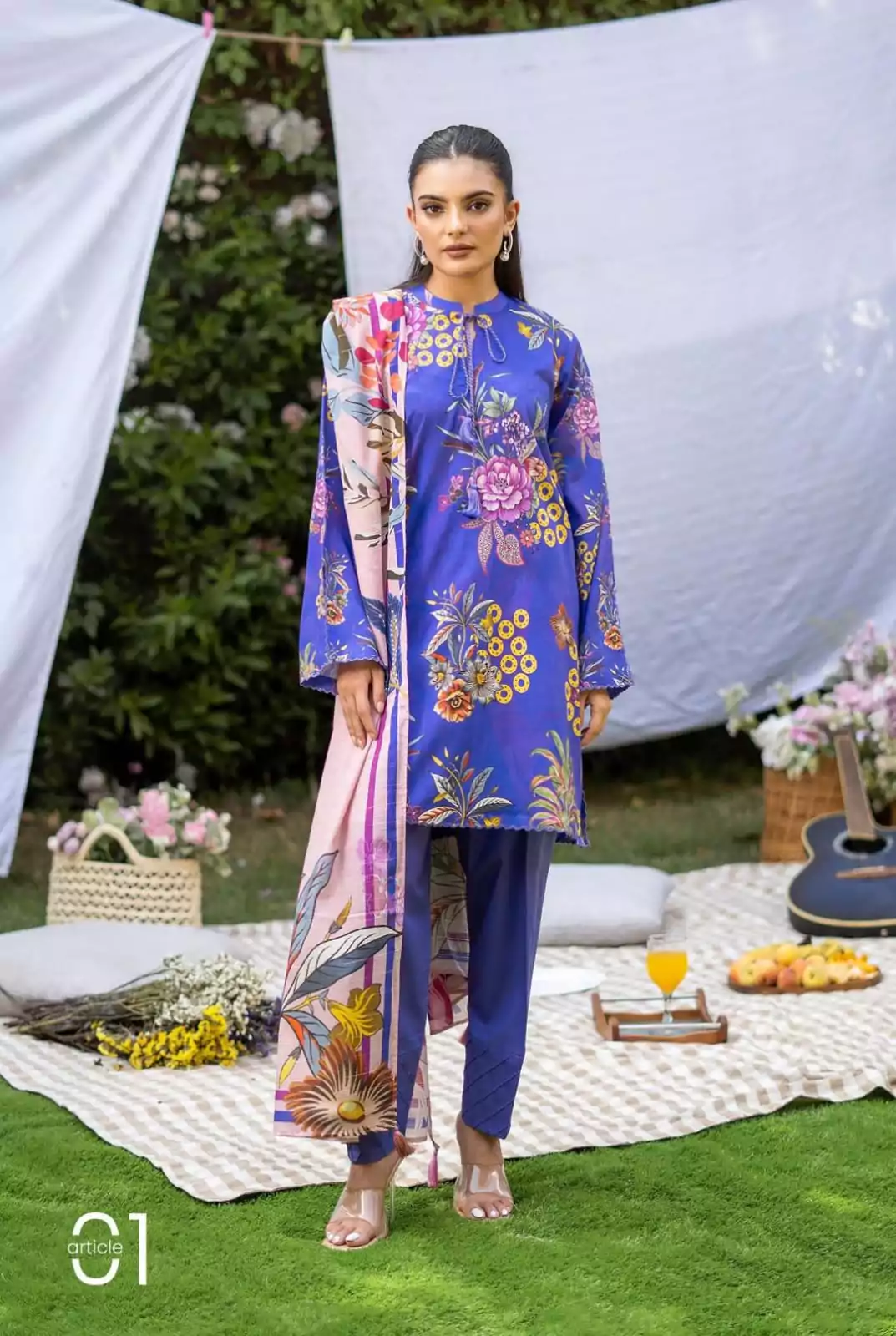 women unstitched suits - 3 Pcs Women's Unstitched Printed Lawn Suit VV499