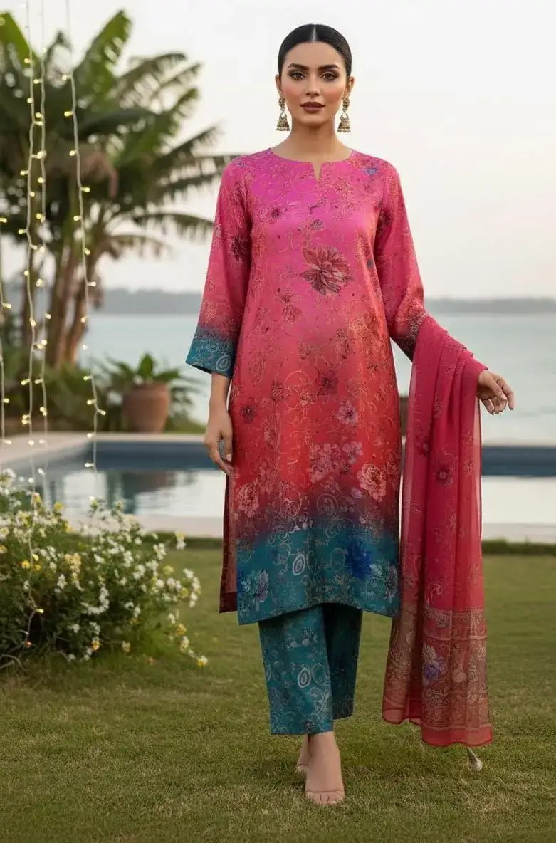 3 Pcs Women's Unstitched Silk Printed Suit VW723