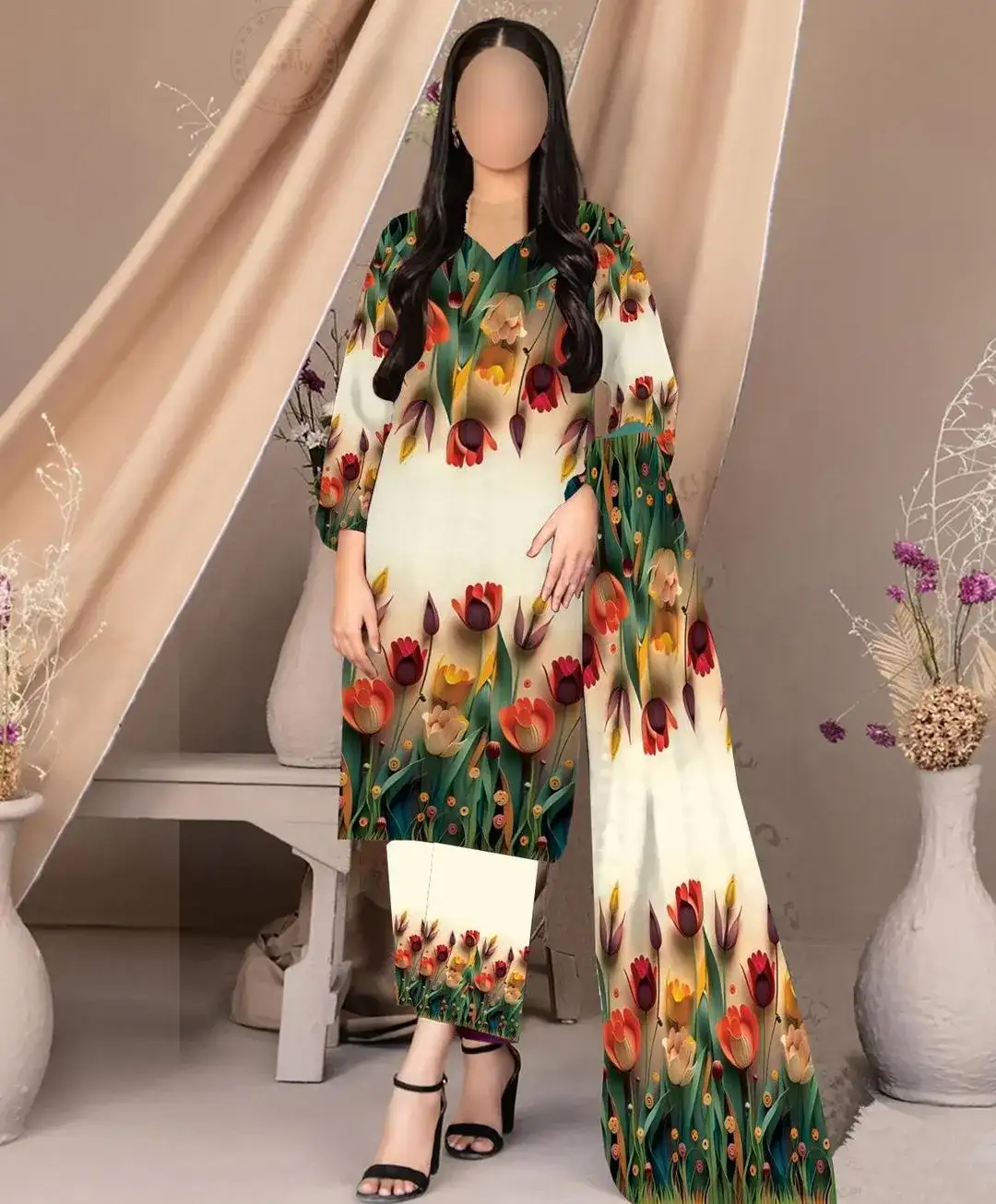 3 Pcs Women's Unstitched Silk Printed Suit VW726
