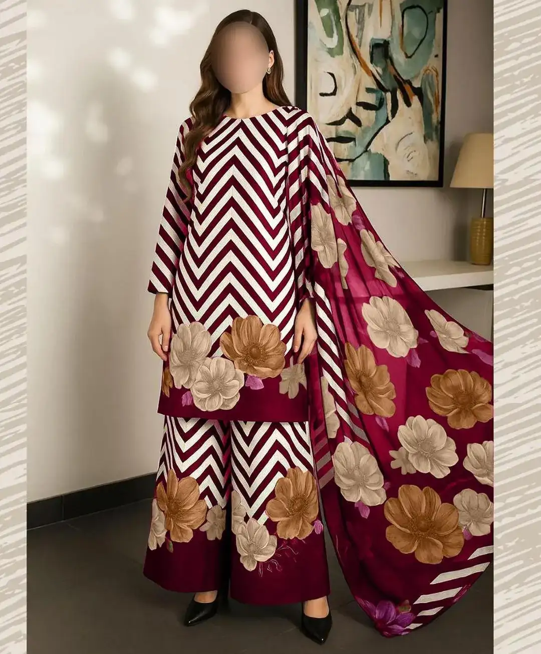 3 Pcs Women's Unstitched Silk Printed Suit VW728