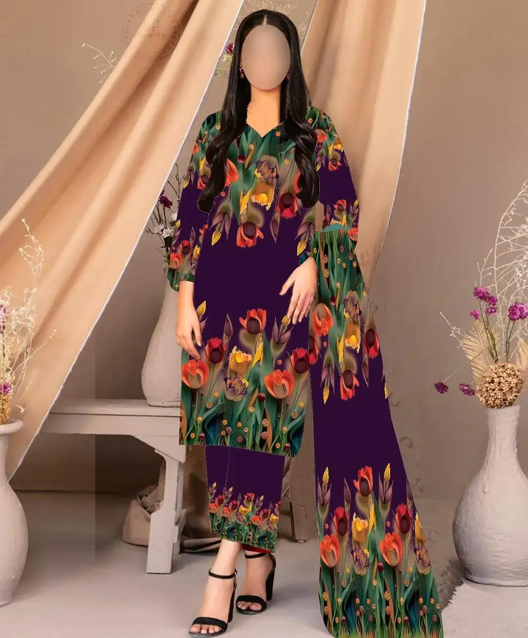 3 Pcs Women's Unstitched Silk Printed Suit VW731