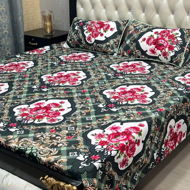 3 Piece Crystal Cotton Printed Double Bedsheet