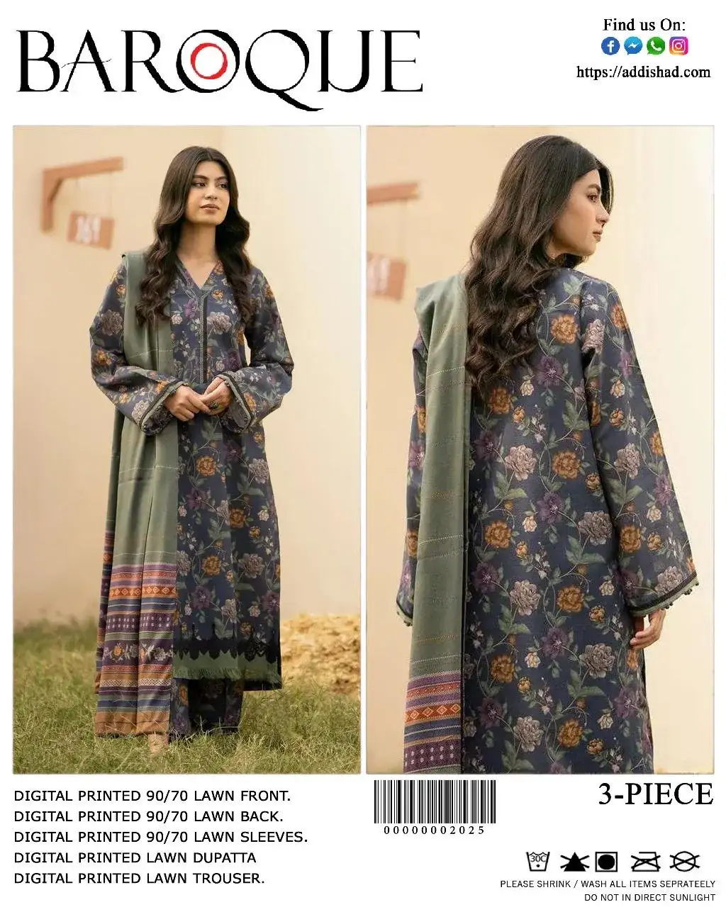 3 Piece Digital Print Lawn Suit Blue Baroque