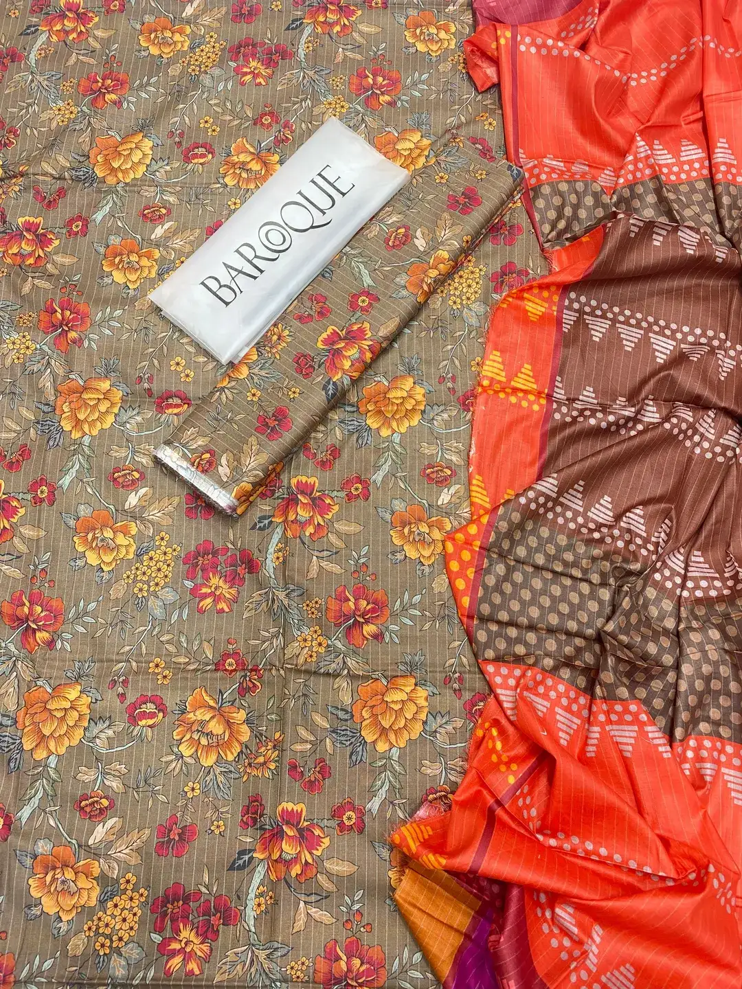 3 Piece Digital Print Lawn Suit Brown Baroque