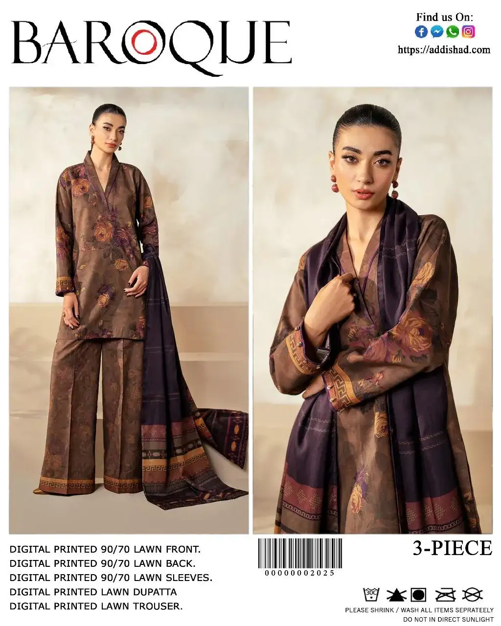 3 Piece Digital Print Lawn Suit Brown Baroque