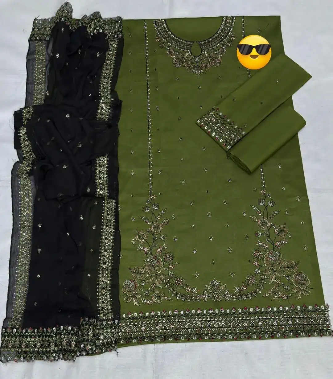 All Hameddulillah Summer Batik Lawn 3 Pcs Suit Green Black Embroidered