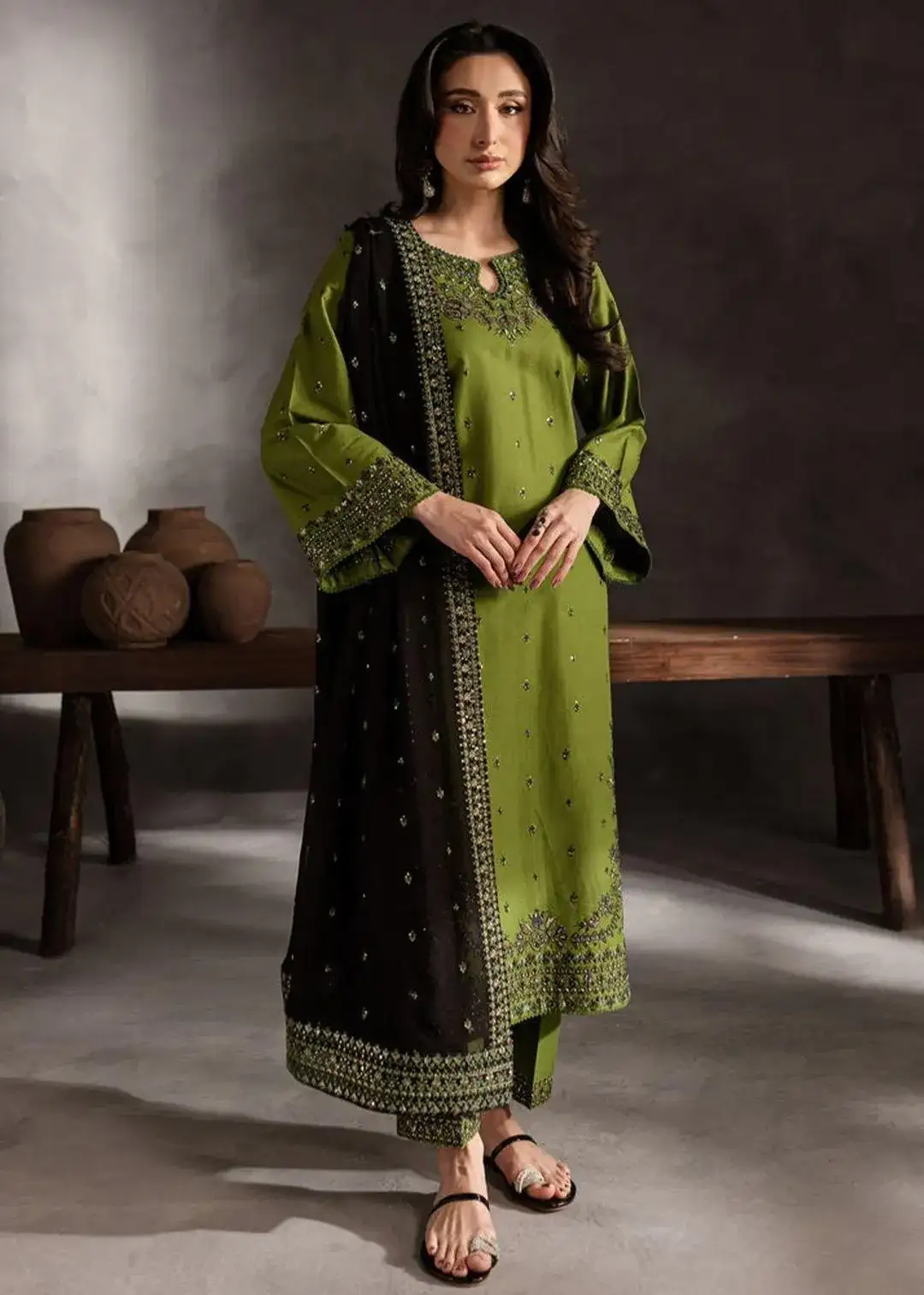 All Hameddulillah Summer Batik Lawn 3 Pcs Suit Green Black Embroidered
