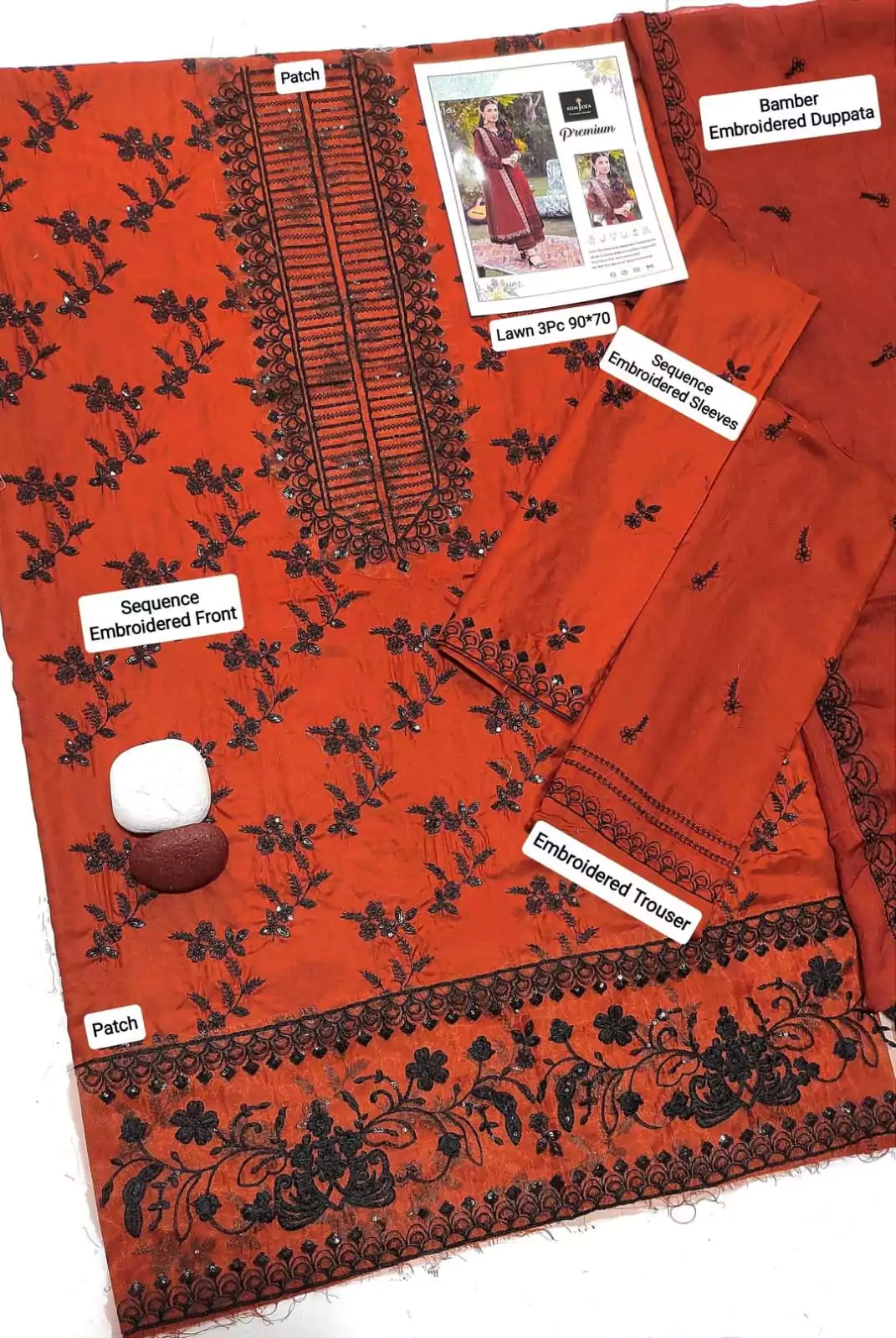 Asim Jofa Elegant Orange Embroidered Lawn Suit 3 Pcs Set ET164