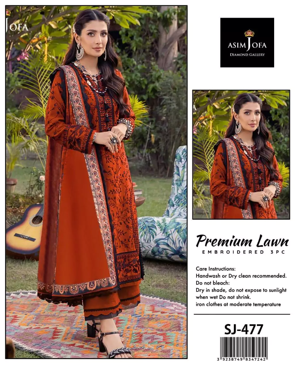  - Asim Jofa Elegant Orange Embroidered Lawn Suit 3 Pcs Set ET164